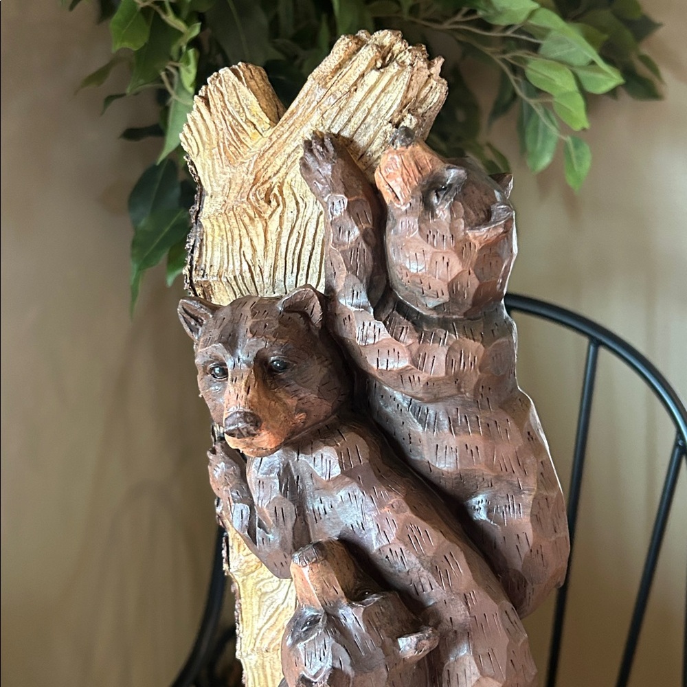 Large Vintage Chainsaw Style Yard Garden Art Detailed Resin Bear Cubs Mama Bear.